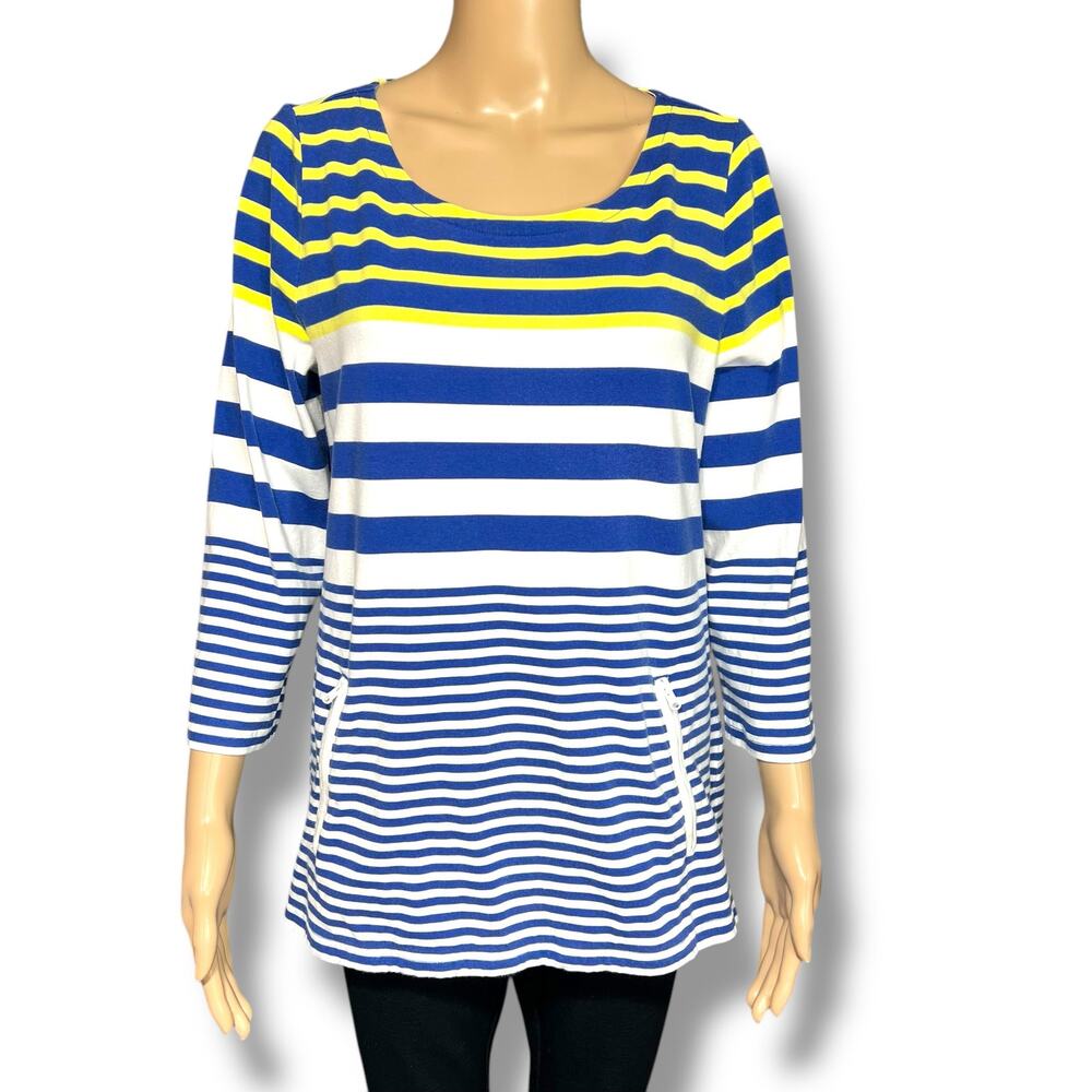 Hello Saturday Talbots Striped Tunic Top Blue White Pockets 3/4 Sleeve Coastal